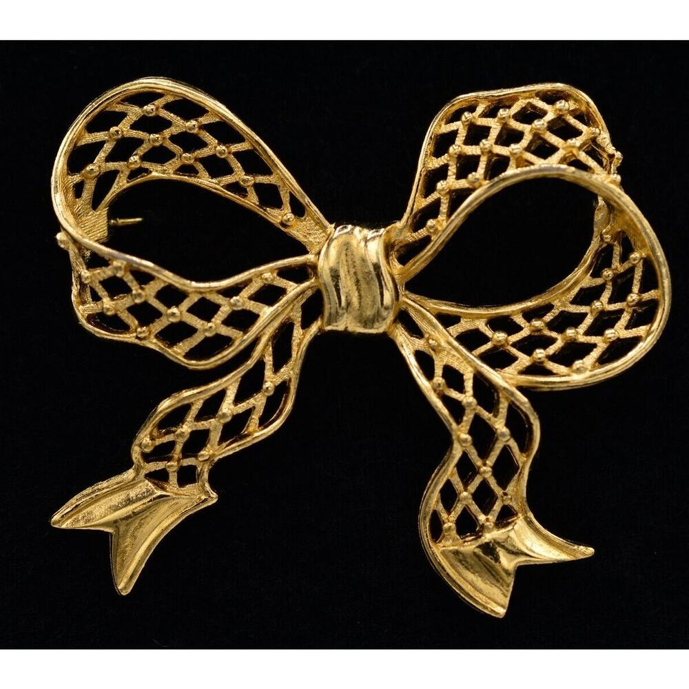 Vintage Bow Pin Brooch Brushed Gold Textured Chunky Romantic NOS 1980s Bin8